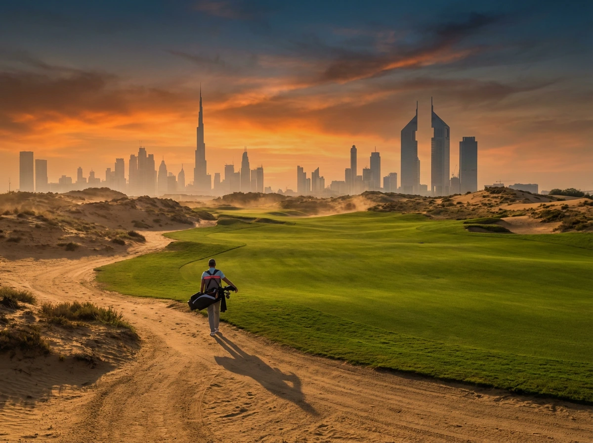 Golfer walking along a desert golf course in Dubai at golden hour